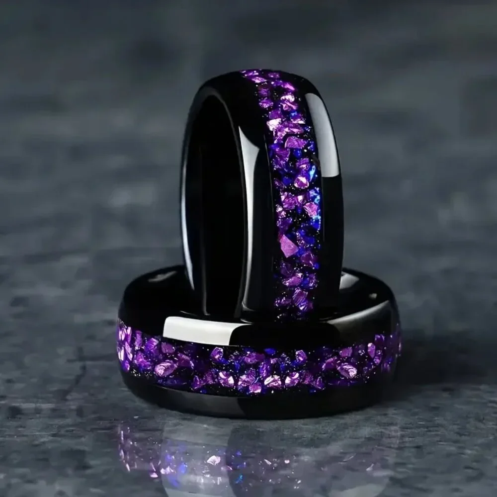 Tungsten Steel Carbide in Black with Center Purple Amethyst Nebula Inlay stateme